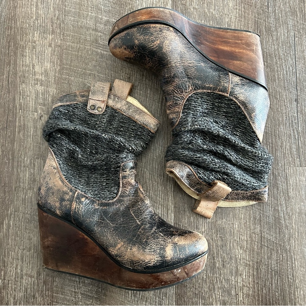 Bed Stu Distressed Black and Brown Wedge Booties